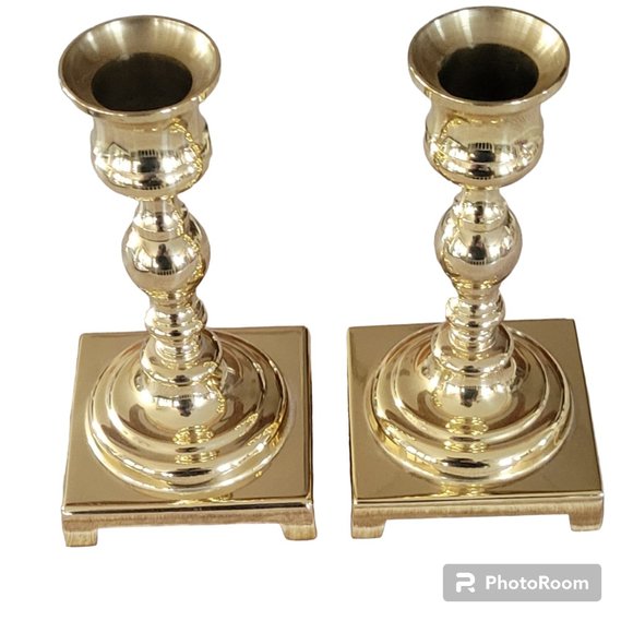 Pair of Vintage Georgian Polished Brass 5" Candle holders with Square Base New - Picture 9 of 12